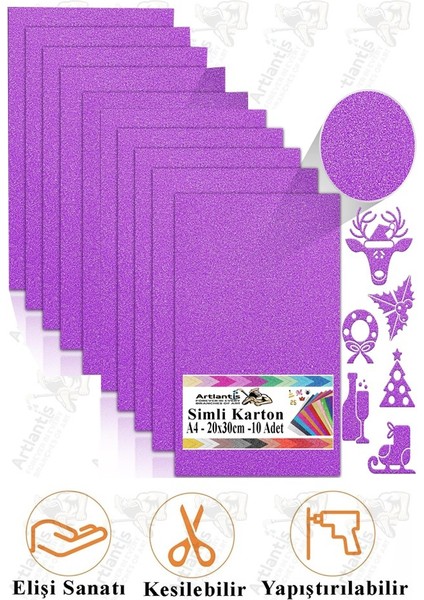 Mor Simli Karton A4 20X30 cm 10 Lu 1 Paket Simli Fon Kartonu Parıltılı Kağıt Anasınıfı Kreş Etkinlik Proje