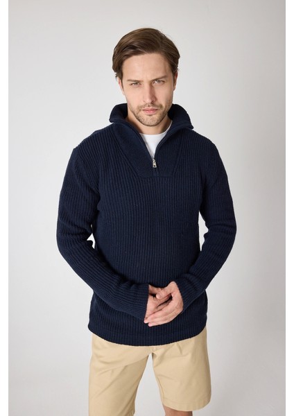 Erkek Dik Yaka Fermuarlı Triko Kazak - Lacivert