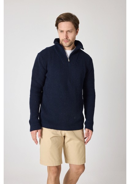 Erkek Dik Yaka Fermuarlı Triko Kazak - Lacivert