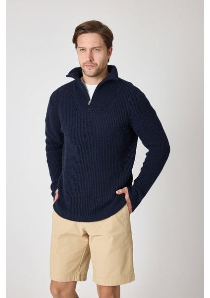 Erkek Dik Yaka Fermuarlı Triko Kazak - Lacivert