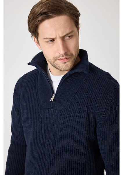 Erkek Dik Yaka Fermuarlı Triko Kazak - Lacivert