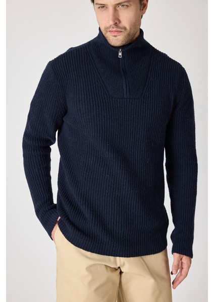 Erkek Dik Yaka Fermuarlı Triko Kazak - Lacivert