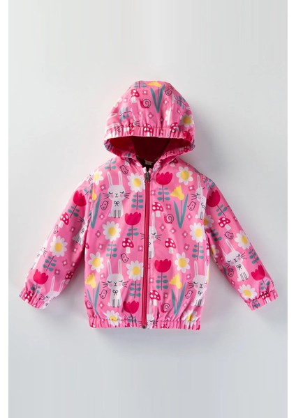 Sevimli Tavşan ve Çiçek Figürlü Kapşonlu Pamuk Astarlı Erkek Kız Bebek Yağmurluk Mont Tulum Çocuk