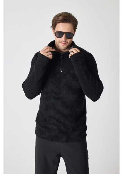 Erkek Dik Yaka Fermuarlı Triko Kazak - Siyah