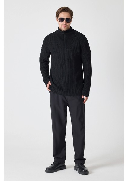 Erkek Dik Yaka Fermuarlı Triko Kazak - Siyah modelleri