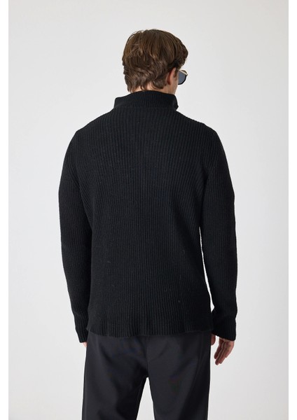 Erkek Dik Yaka Fermuarlı Triko Kazak - Siyah fırsatları