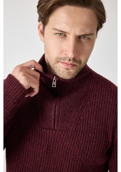 Erkek Dik Yaka Fermuarlı Triko Kazak - Bordo fiyatları