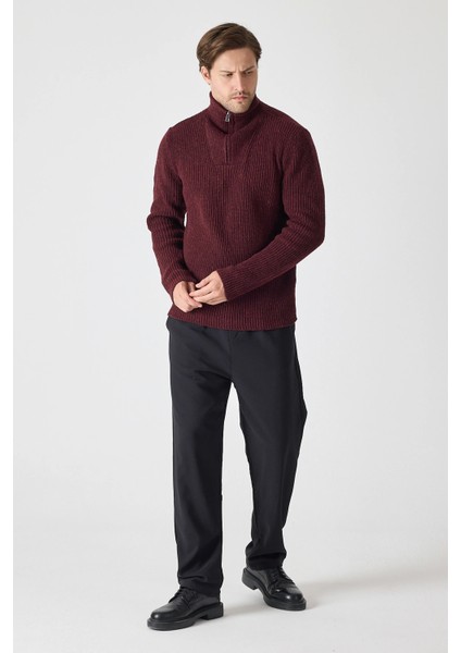 Erkek Dik Yaka Fermuarlı Triko Kazak - Bordo modelleri