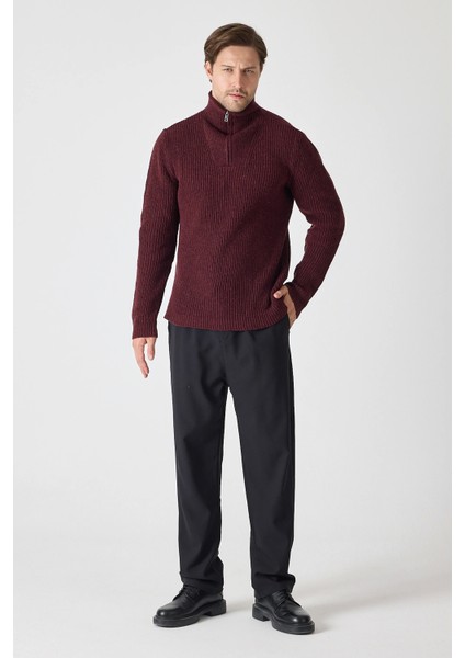 Erkek Dik Yaka Fermuarlı Triko Kazak - Bordo indirimleri
