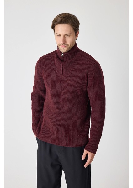 Erkek Dik Yaka Fermuarlı Triko Kazak - Bordo