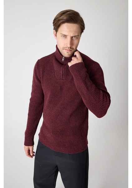 Erkek Dik Yaka Fermuarlı Triko Kazak - Bordo