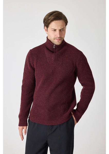 Erkek Dik Yaka Fermuarlı Triko Kazak - Bordo