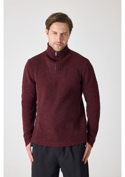 Erkek Dik Yaka Fermuarlı Triko Kazak - Bordo