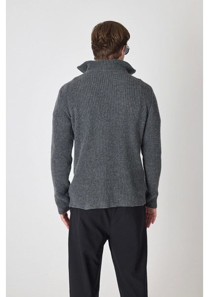 Erkek Dik Yaka Fermuarlı Triko Kazak - Antrtasit indirimleri