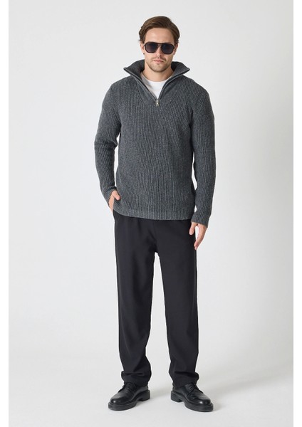 Erkek Dik Yaka Fermuarlı Triko Kazak - Antrtasit
