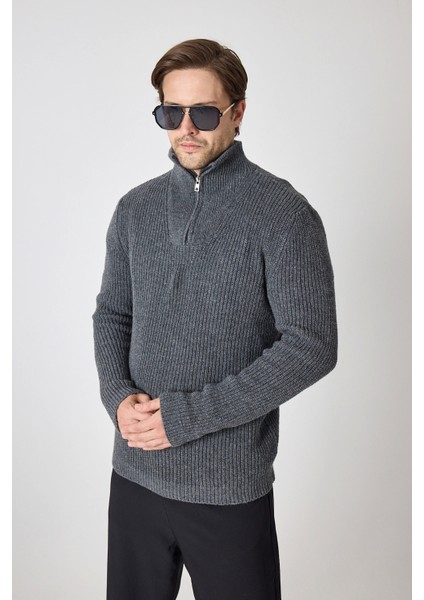 Erkek Dik Yaka Fermuarlı Triko Kazak - Antrtasit