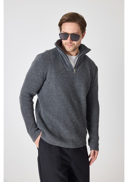 Erkek Dik Yaka Fermuarlı Triko Kazak - Antrtasit