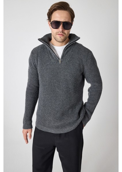 Erkek Dik Yaka Fermuarlı Triko Kazak - Antrtasit