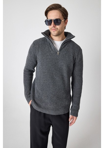 Erkek Dik Yaka Fermuarlı Triko Kazak - Antrtasit
