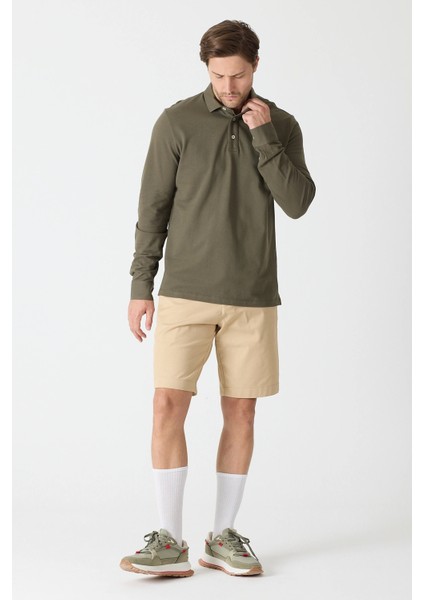 Erkek Uzun Kollu Polo Yaka Comfort Sweatshirt - Haki