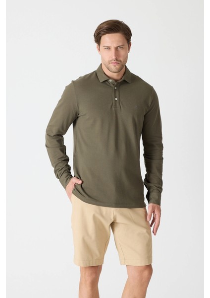 Erkek Uzun Kollu Polo Yaka Comfort Sweatshirt - Haki fiyatları