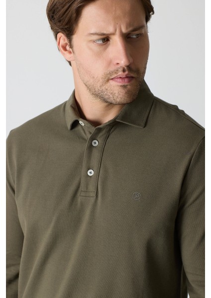 Erkek Uzun Kollu Polo Yaka Comfort Sweatshirt - Haki modelleri