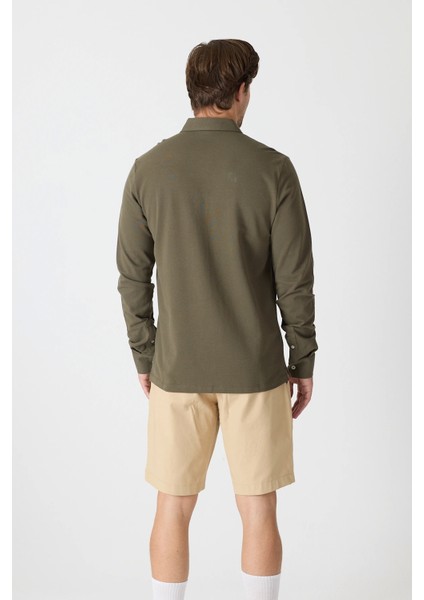 Erkek Uzun Kollu Polo Yaka Comfort Sweatshirt - Haki indirimleri