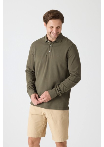 Erkek Uzun Kollu Polo Yaka Comfort Sweatshirt - Haki