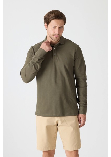 Erkek Uzun Kollu Polo Yaka Comfort Sweatshirt - Haki