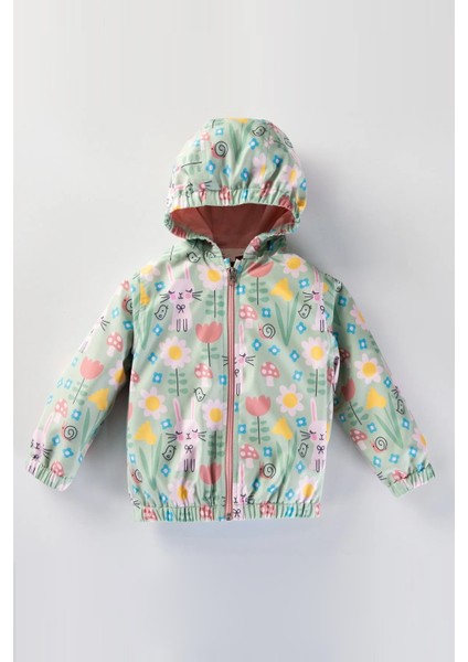 Sevimli Tavşan ve Çiçek Figürlü Kapşonlu Pamuk Astarlı Erkek Kız Bebek Yağmurluk Mont Tulum Çocuk