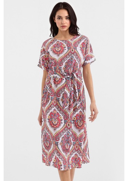 Kadın BDART İp Bağlama Detaylı Baskılı Midi Elbise Kiraz Kırmızısı
