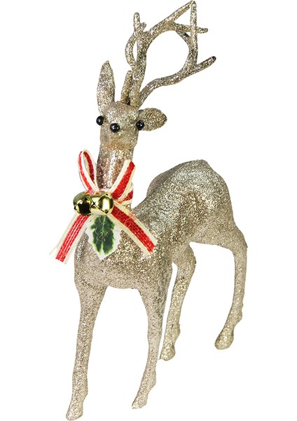 Yılbaşı Süsü Çanlı Fiyonklu Simli Geyik Şampanya 40 cm