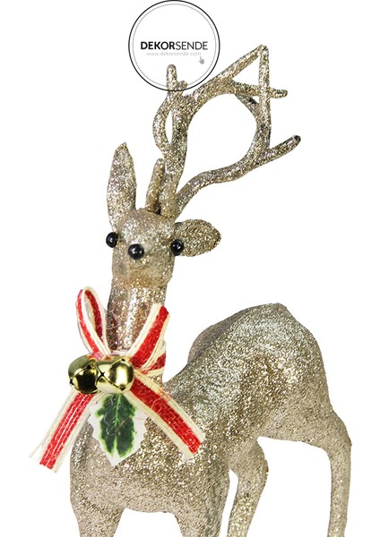 Yılbaşı Süsü Çanlı Fiyonklu Simli Geyik Şampanya 40 cm fiyatları