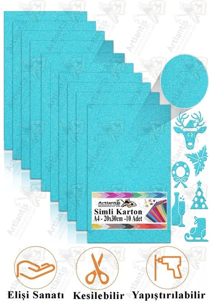Açık Mavi Simli Karton A4 20X30 cm 10 Lu 1 Paket Simli Fon Kartonu Parıltılı Kağıt Anasınıfı Kreş Etkinlik Proje