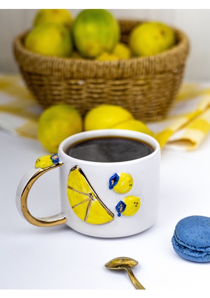 24K Altın Süslemeli El Yapımı Limon Temalı Seramik Mug
