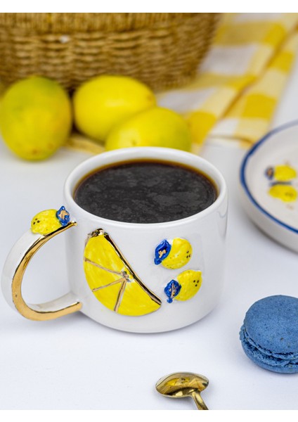 24K Altın Süslemeli El Yapımı Limon Temalı Seramik Mug fiyatları