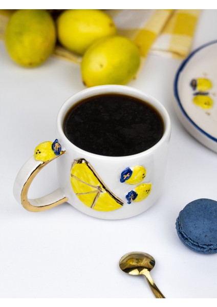 24K Altın Süslemeli El Yapımı Limon Temalı Seramik Mug indirimleri