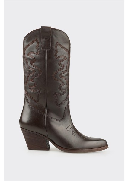 Kahve Deri Kadın Western Çizme