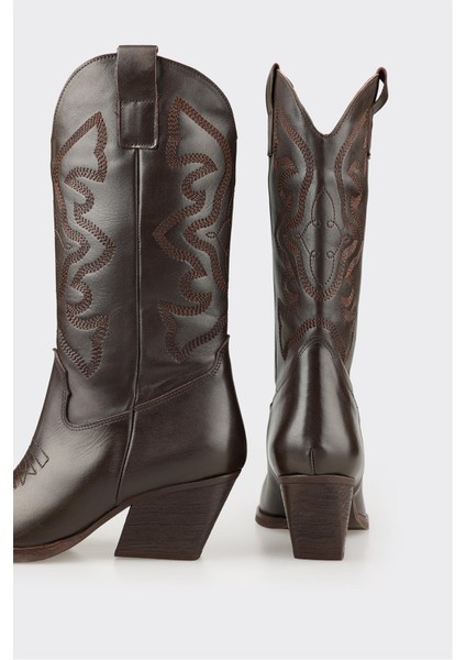 Kahve Deri Kadın Western Çizme fırsatları