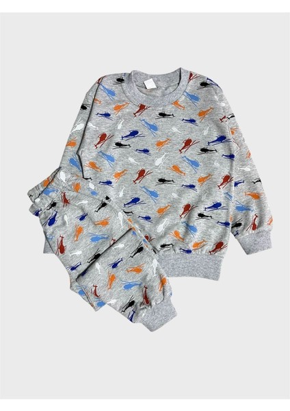 Erkek Çocuk Pamuklu Gri Helikopter Desenli Uzun Kollu Mevsimlik Pijama Takımı