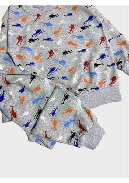 Erkek Çocuk Pamuklu Gri Helikopter Desenli Uzun Kollu Mevsimlik Pijama Takımı modelleri