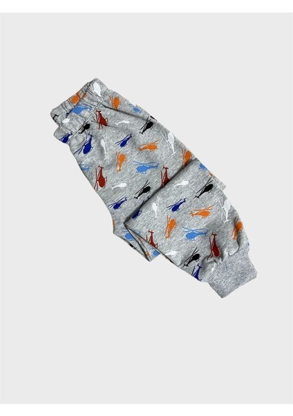 Erkek Çocuk Pamuklu Gri Helikopter Desenli Uzun Kollu Mevsimlik Pijama Takımı fırsatları