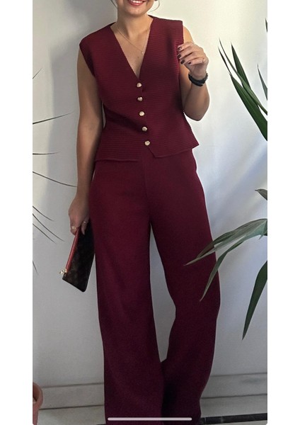 Kadın Bordo Yelekli Triko Takım