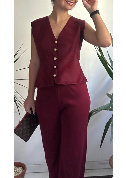 Kadın Bordo Yelekli Triko Takım fiyatları