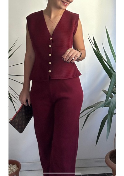 Kadın Bordo Yelekli Triko Takım modelleri