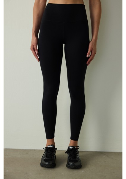 Siyah Yüksek Bel Pamuk Modal Karışımlı Slim Fit Spor Tayt fırsatları