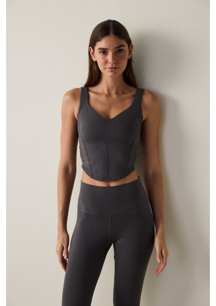 Antrasit Modal V Yaka Çıkarılabilir Kaplı Sporcu Crop Üst fırsatları