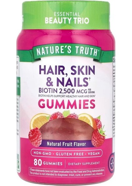 Hair Skin Nails Saç, Cilt ve Tırnaklar, Doğal Meyve, 2.500 Mcg, 80 Tablet