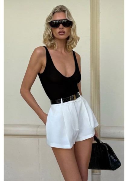 Yüksek Bel Wed Leg Cep Detaylı Mini Şort