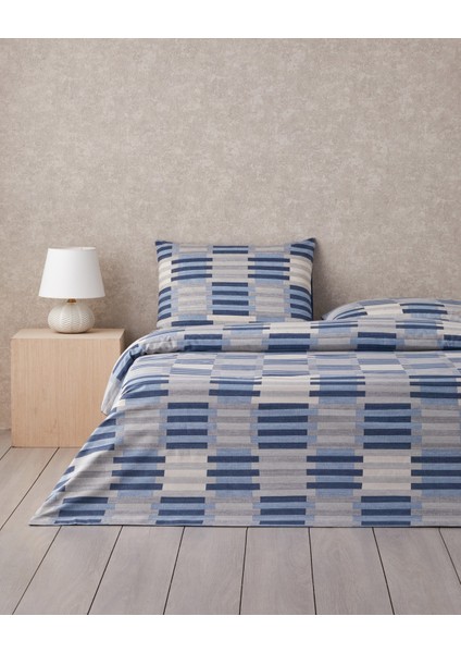 Blockform Kolay Ütülenir Çift Kişilik Nevresim Takımı 200X220 cm Koyu Mavi-Bej
